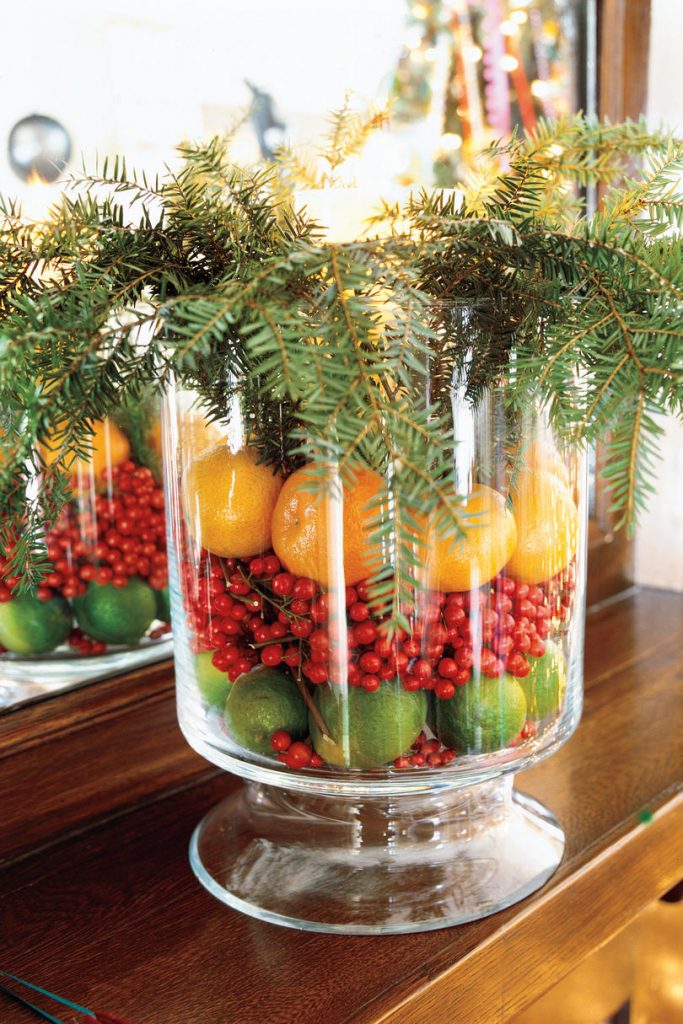 layered fruit in glass vase